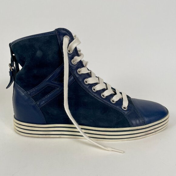 Women's Hogan Rebel R182 High Top Sneakers, Navy Blue Leather/Suede, Size 39 - Picture 3 of 14